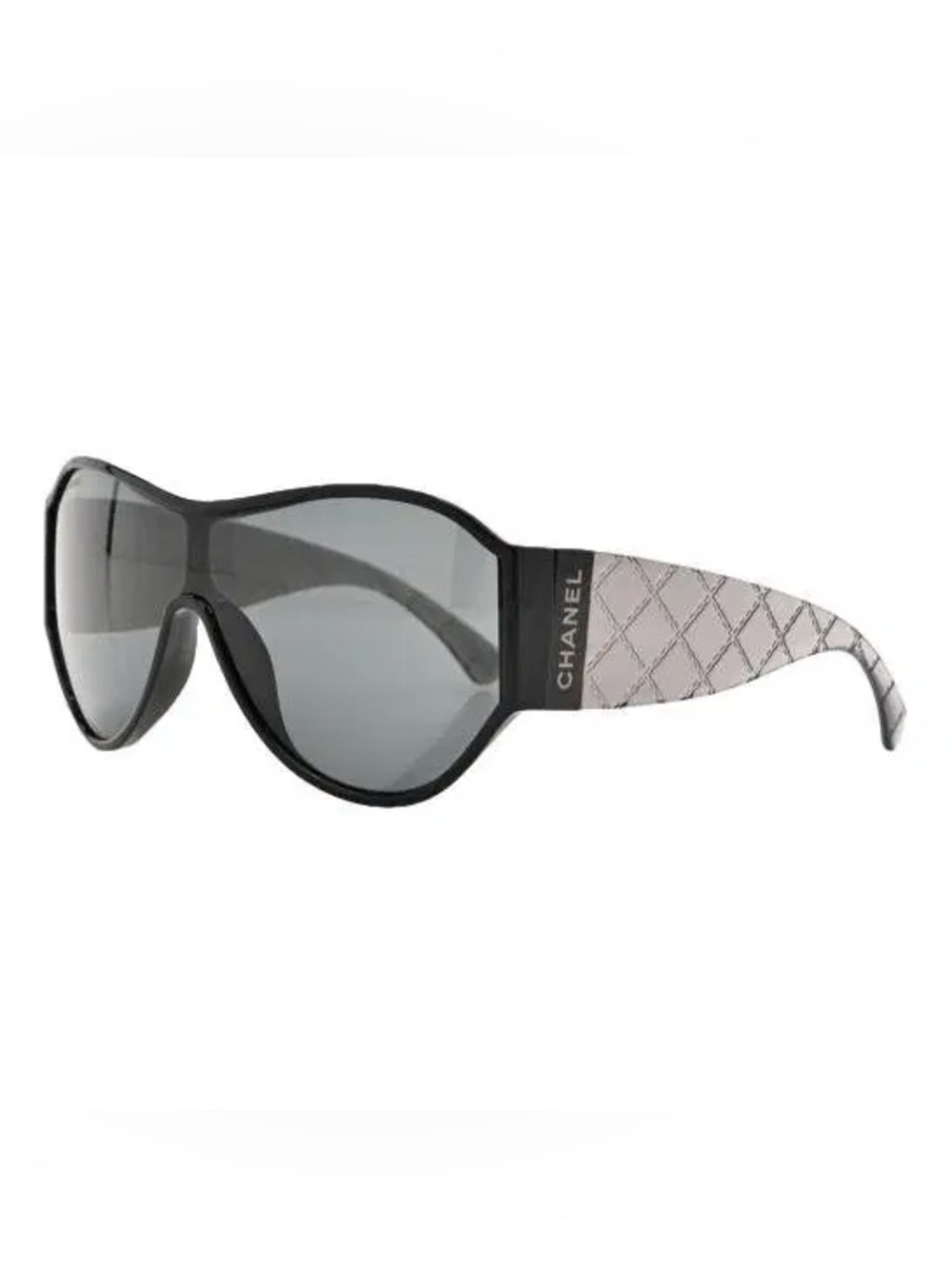 CHANEL Black Sunglasses with Gray Lenses and Patterned Silver Temples